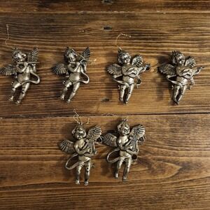 Vintage Cherub Angel Ornaments Set of 6 Gold Tone Musical Angels Christmas